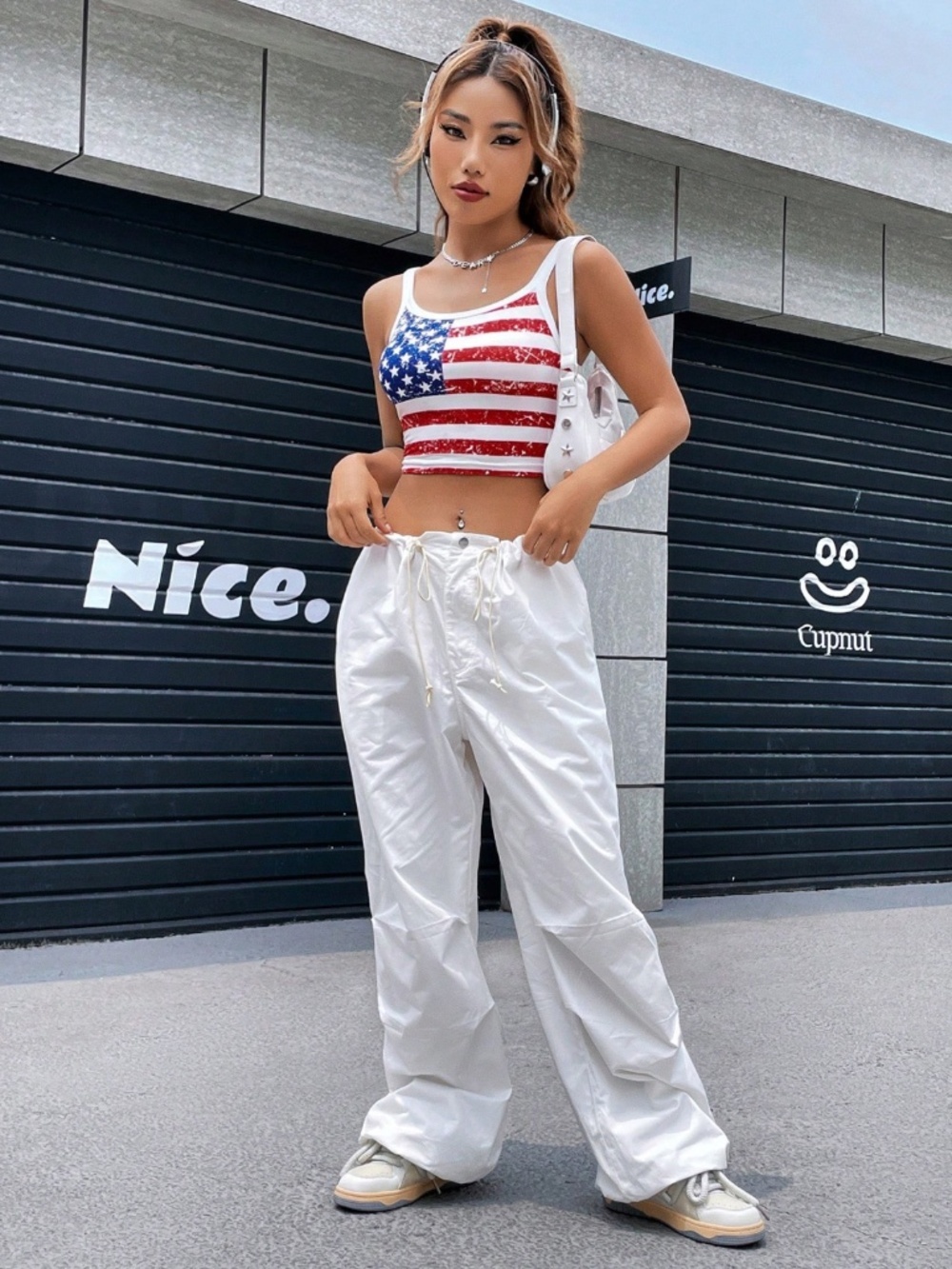 American Flag White Tank Top Crop Stripes Stars United States - Picture 6 of 7